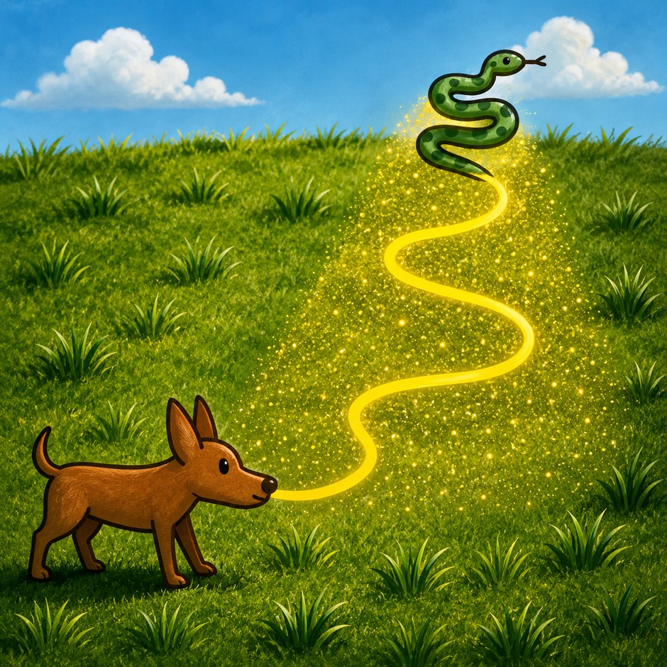 Illustration of a dog and a scent trail winding across a grassy hillside